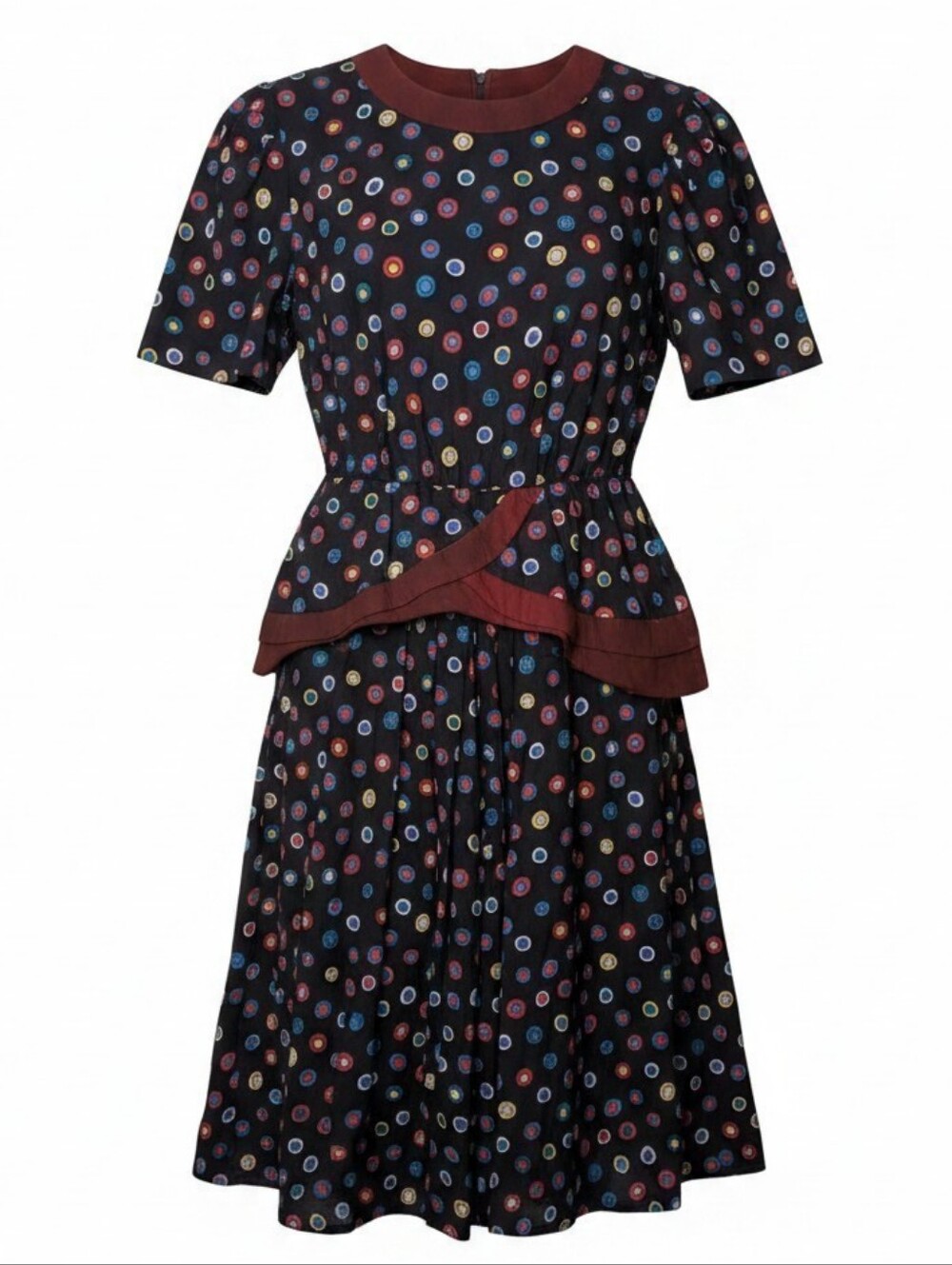 Vintage S.L. Fashions Multicolor Polka Dot Midi Dress Peplum Waist Mod size 16